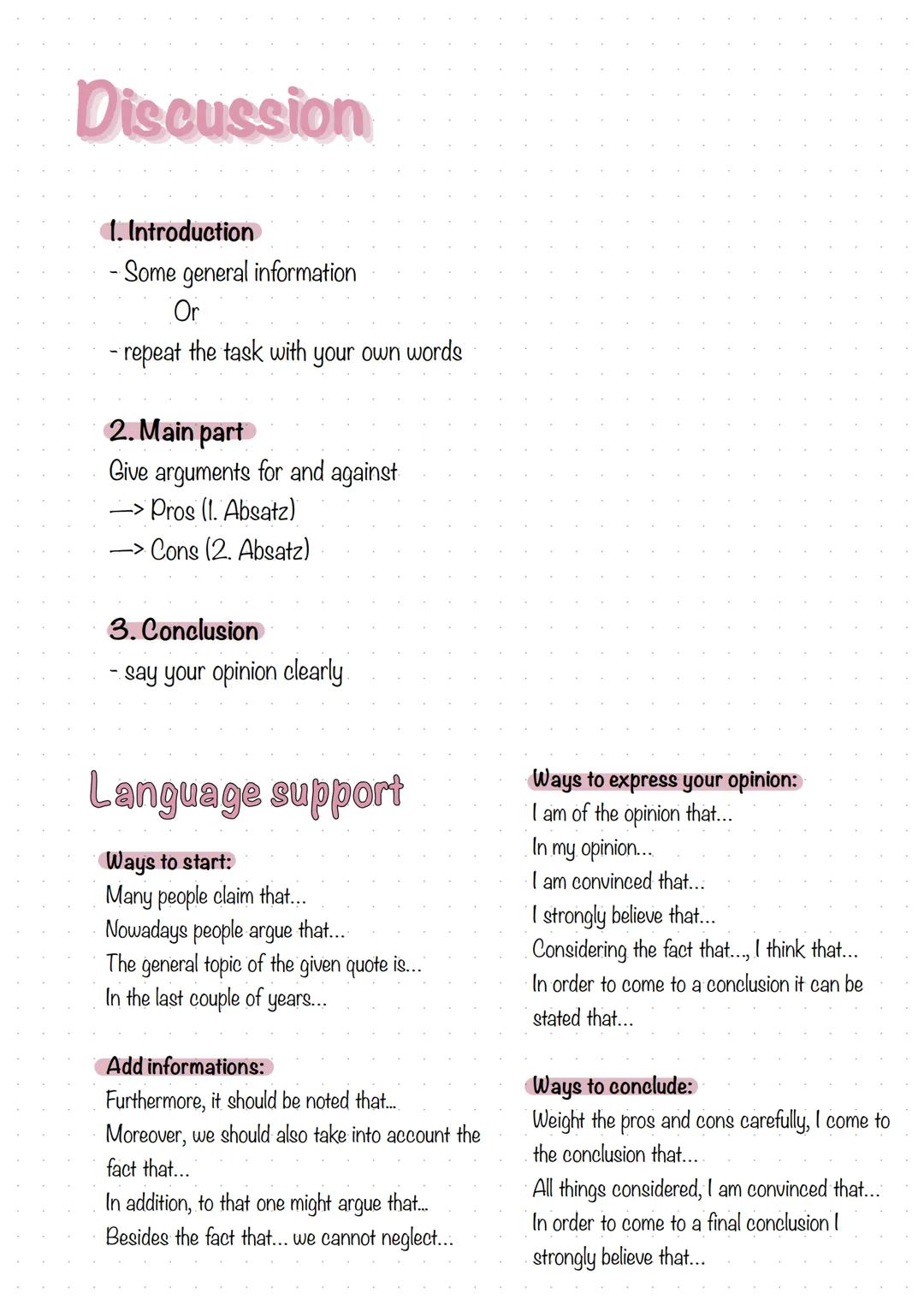 Discussion

1. Introduction
- Some general information
Or
- repeat the task with your own words

2. Main part
Give arguments for and against