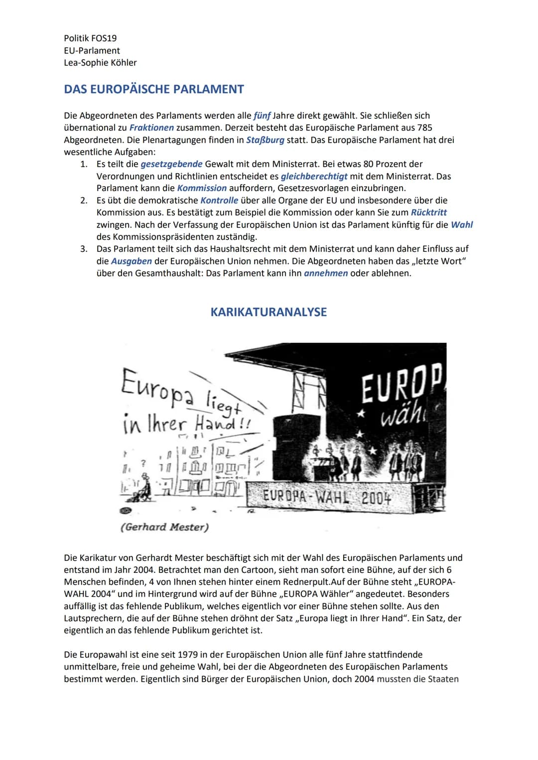 Politik FOS19
EU-Parlament
Lea-Sophie Köhler
DAS EUROPÄISCHE PARLAMENT
Die Abgeordneten des Parlaments werden alle fünf Jahre direkt gewählt