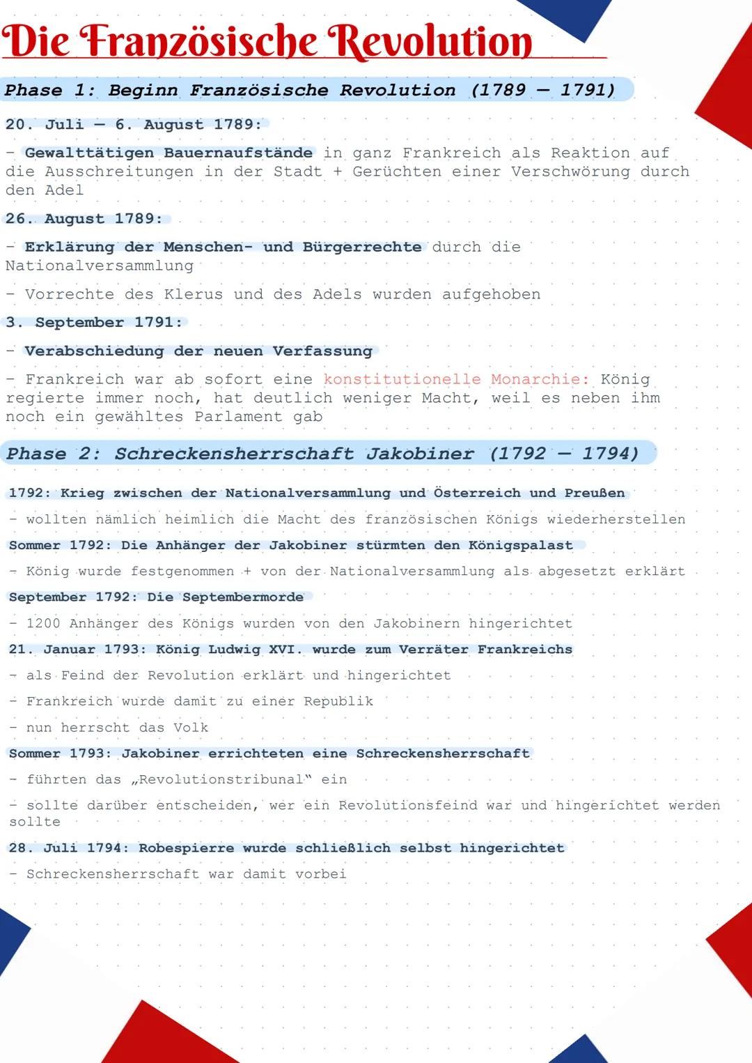 Die Französische Revolution
Ereignis in Frankreich 1789
Gründe:
Grund 1:
dritte Stand musste gesamte finanzielle Last im Staat tragen,
hohe 