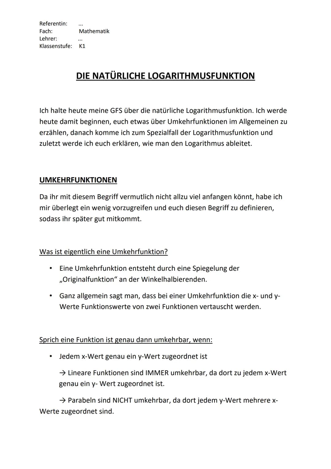
<h2 id="umkehrfunktionen">Umkehrfunktionen</h2>
<p>Eine Umkehrfunktion entsteht durch eine Spiegelung der "Originalfunktion" an der Winkelh