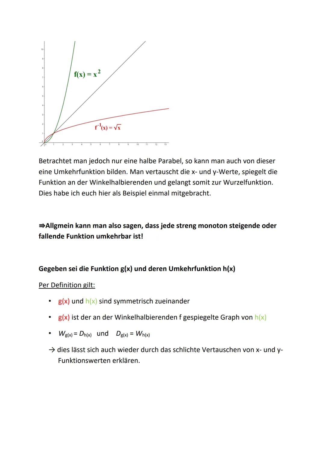 
<h2 id="umkehrfunktionen">Umkehrfunktionen</h2>
<p>Eine Umkehrfunktion entsteht durch eine Spiegelung der "Originalfunktion" an der Winkelh