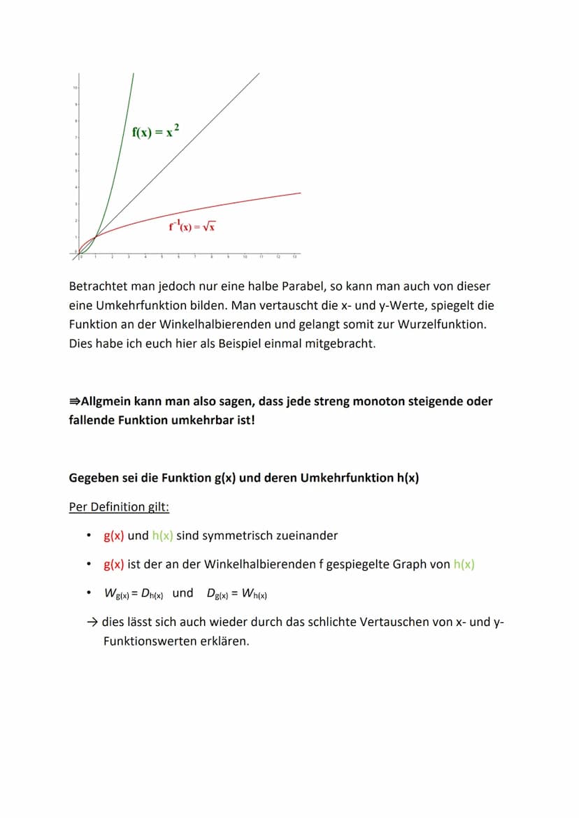 
<h2 id="umkehrfunktionen">Umkehrfunktionen</h2>
<p>Eine Umkehrfunktion entsteht durch eine Spiegelung der "Originalfunktion" an der Winkelh