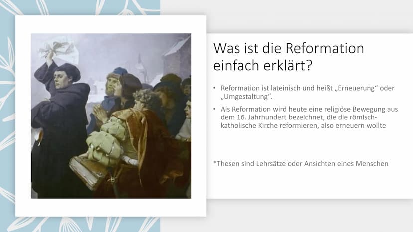 SP
+
M
Reformation
eine kirchliche
Erneuerungsbewegung
Ye Gliederung:
• Was ist die Reformation einfach
erklärt?
Wie verlief die Reformation