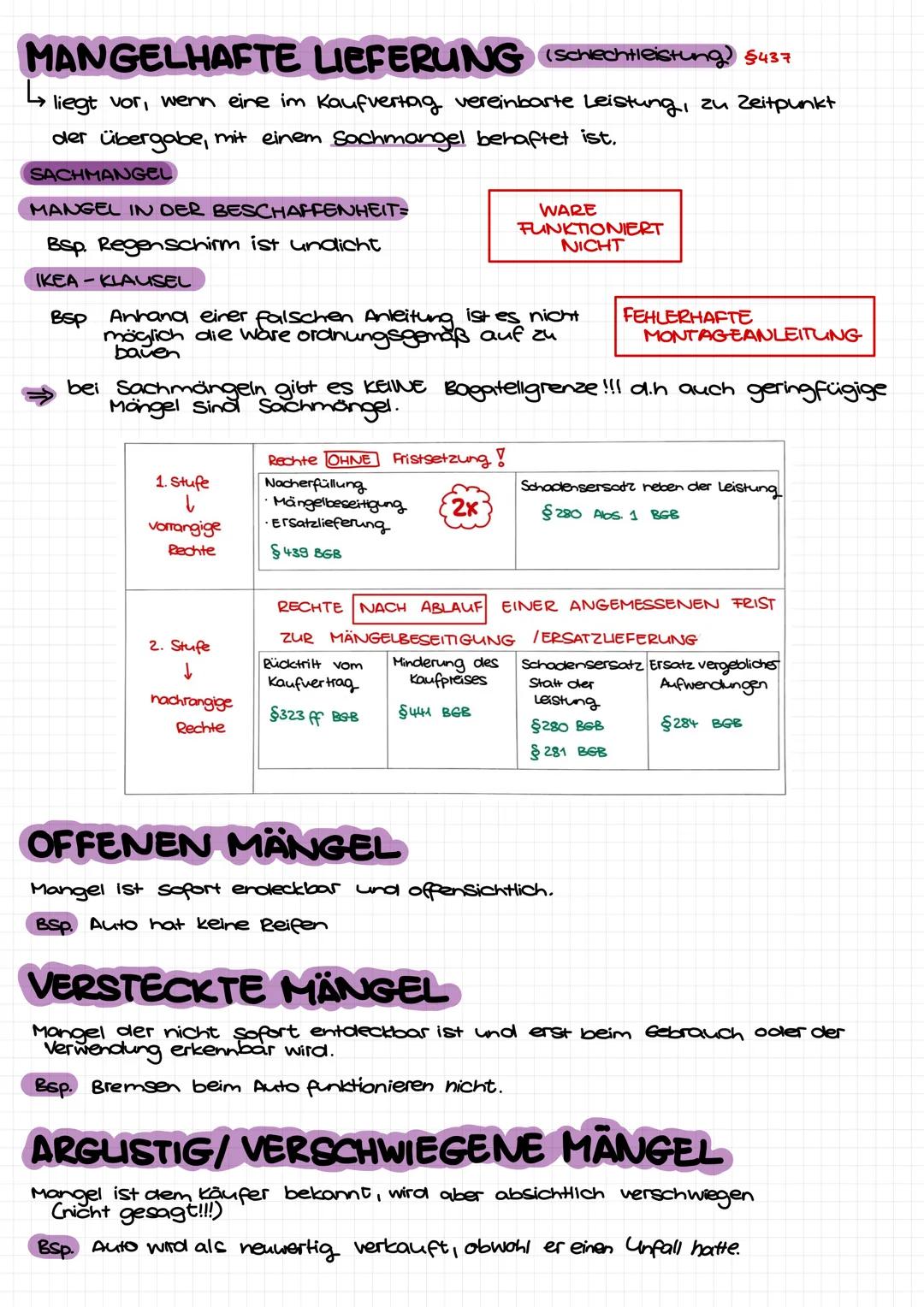 # MANGELHAFTE LIEFERUNG (schlechtleistung) §437

→ liegt vor, wenn eine im Kaufvertrag vereinbarte Leistung, zu Zeitpunkt
der übergabe, mit 
