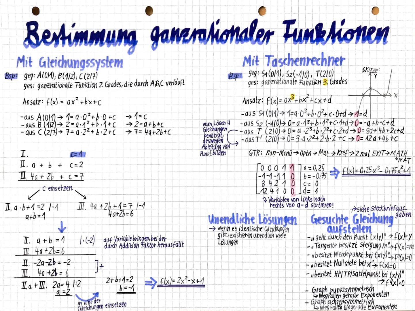 Bestimmung ganerationaler Funktionen
Mit Gleichungssystem
Bsp geg: A (011), B(1/2); C(2/7)
ges: ganzrationale Funktion 2. Grades, die durch 