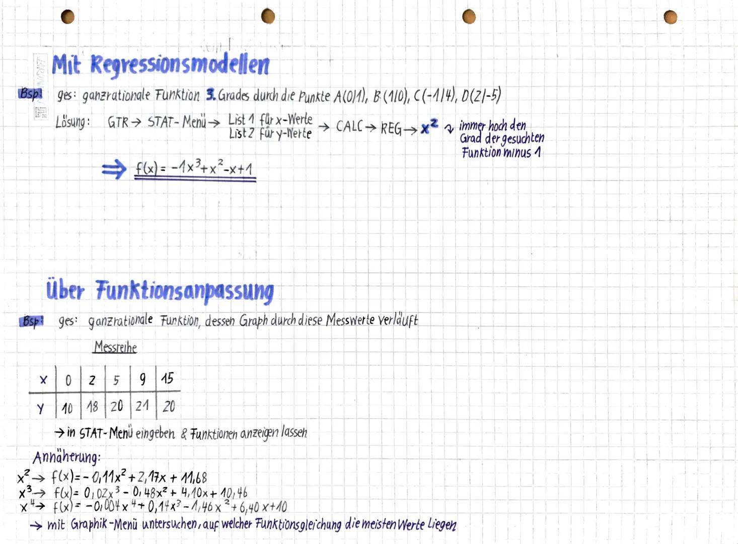 Bestimmung ganerationaler Funktionen
Mit Gleichungssystem
Bsp geg: A (011), B(1/2); C(2/7)
ges: ganzrationale Funktion 2. Grades, die durch 