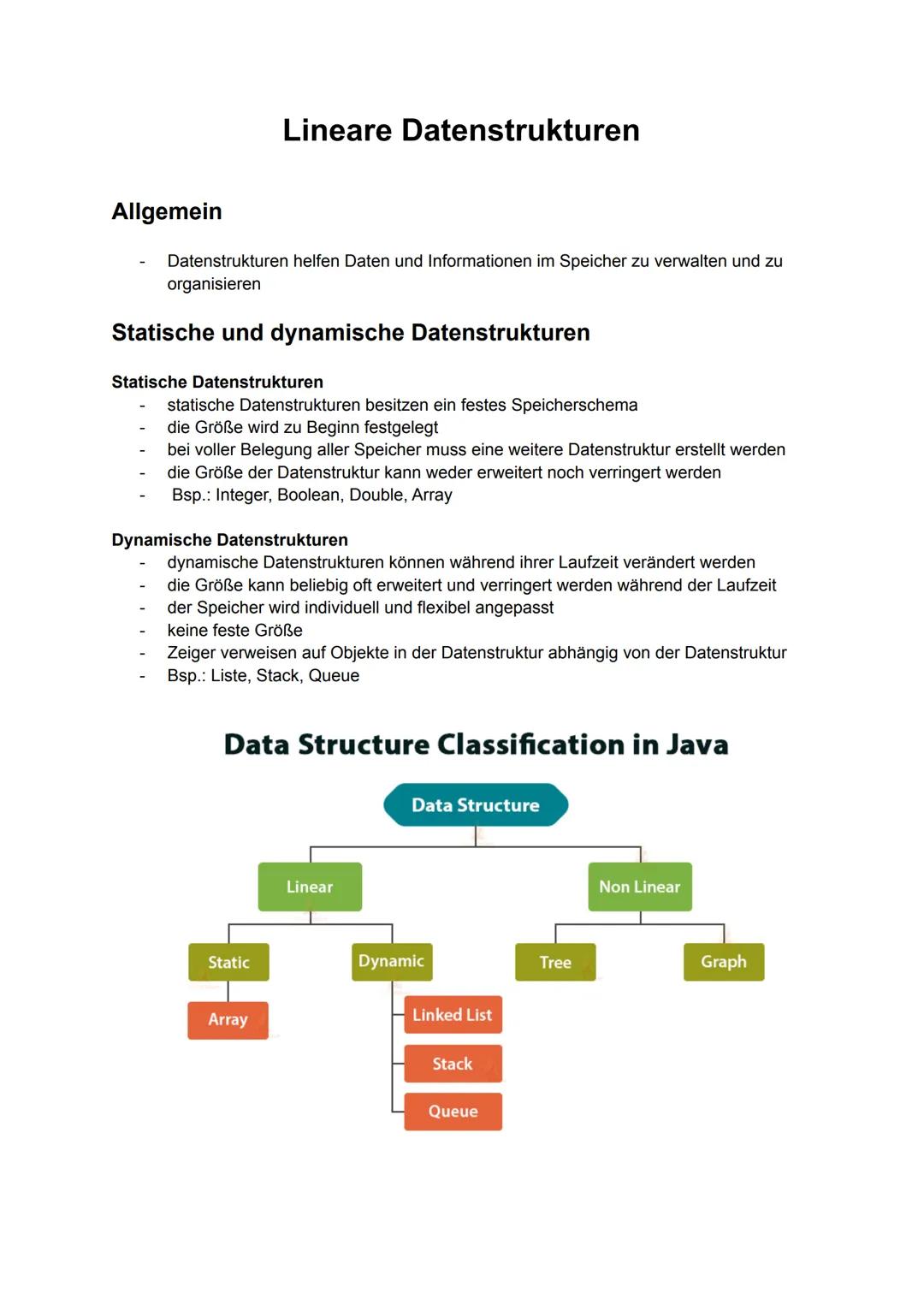 Allgemein
Datenstrukturen helfen Daten und Informationen im Speicher zu verwalten und zu
organisieren
Lineare Datenstrukturen
Statische und 