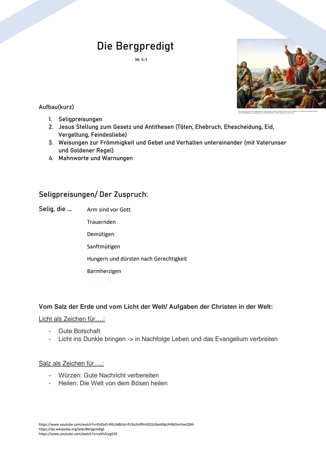 Aufbau(kurz)
Die Bergpredigt
1. Seligpreisungen
2. Jesus Stellung zum Gesetz und Antithesen (Töten, Ehebruch, Ehescheidung, Eid,
Vergeltung,