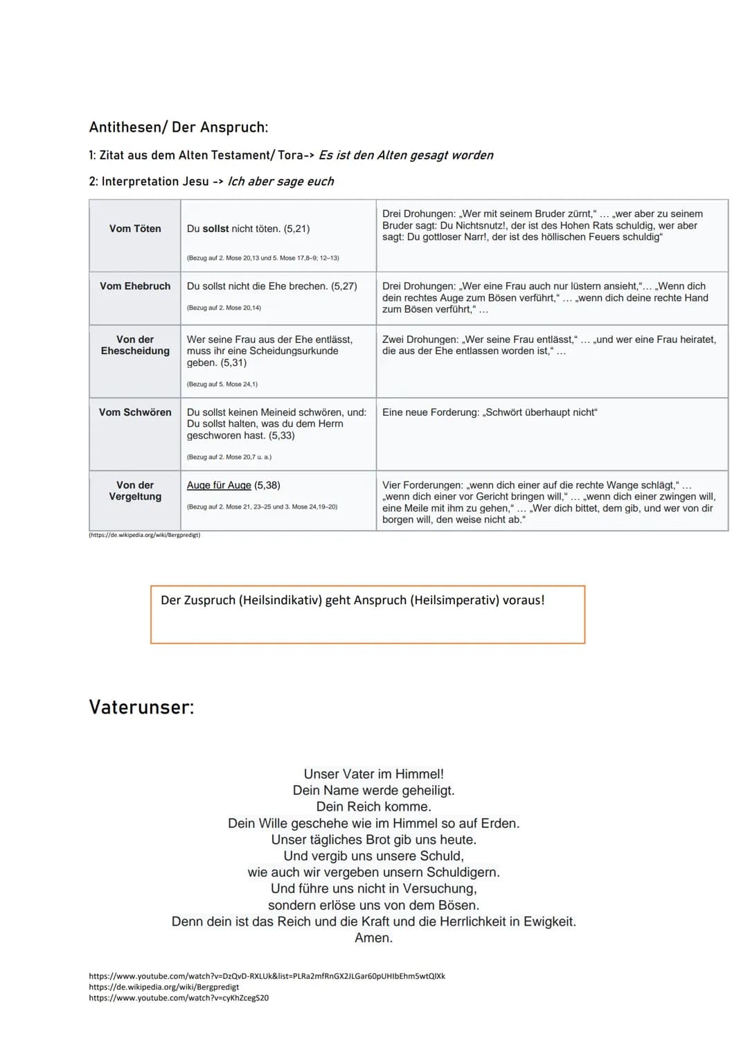 Aufbau(kurz)
Die Bergpredigt
1. Seligpreisungen
2. Jesus Stellung zum Gesetz und Antithesen (Töten, Ehebruch, Ehescheidung, Eid,
Vergeltung,