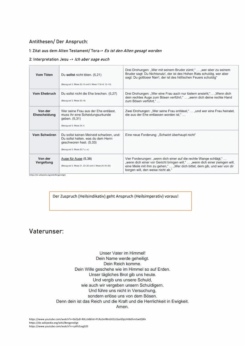 Aufbau(kurz)
Die Bergpredigt
1. Seligpreisungen
2. Jesus Stellung zum Gesetz und Antithesen (Töten, Ehebruch, Ehescheidung, Eid,
Vergeltung,