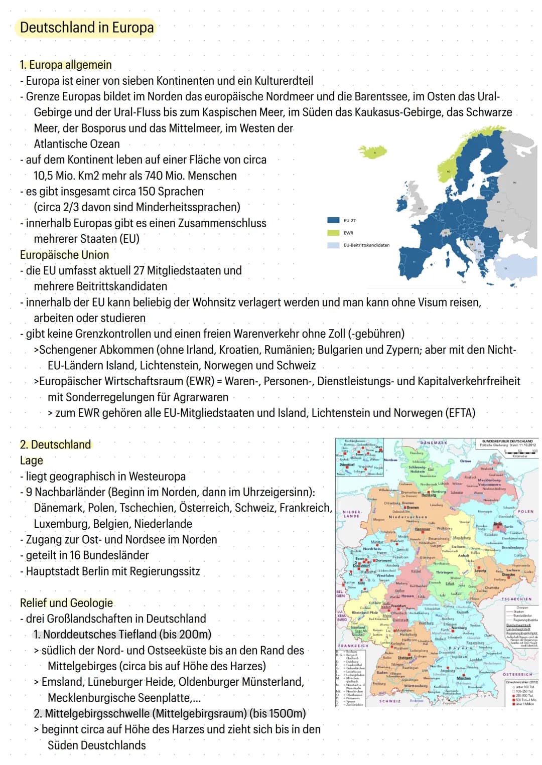 Deutschland in Europa
1. Europa allgemein
- Europa ist einer von sieben Kontinenten und ein Kulturerdteil
-Grenze Europas bildet im Norden d