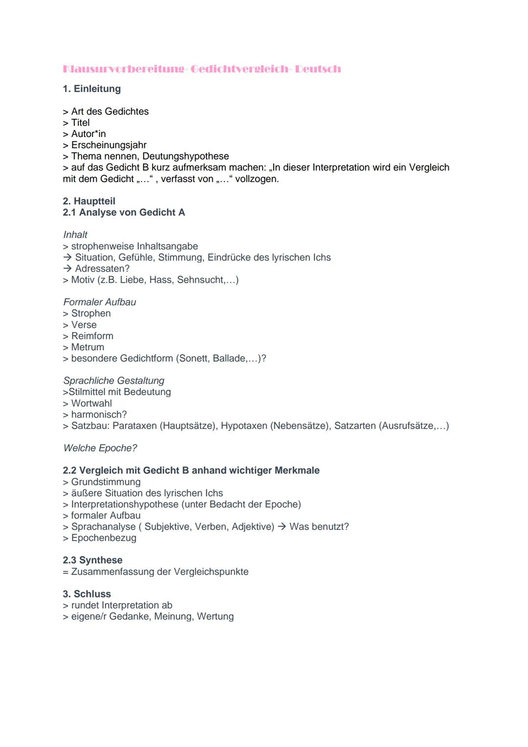 Nausurvorbereitung Gedichtvergleich-Deutsch

1. Einleitung
> Art des Gedichtes
> Titel
> Autor*in
> Erscheinungsjahr
> Thema nennen, Deutung