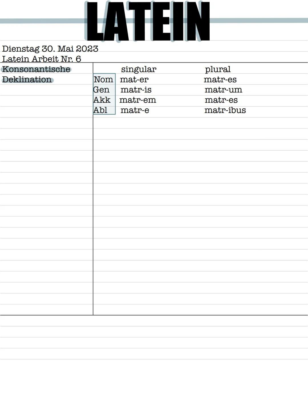 # LATEIN
Montag 29. Mai 2023
Latein Arbeit Nr.6
Infinitive
audire, clamare, laborare, endung = re

esse
esse = sein
sum = ich bin sumus = wi