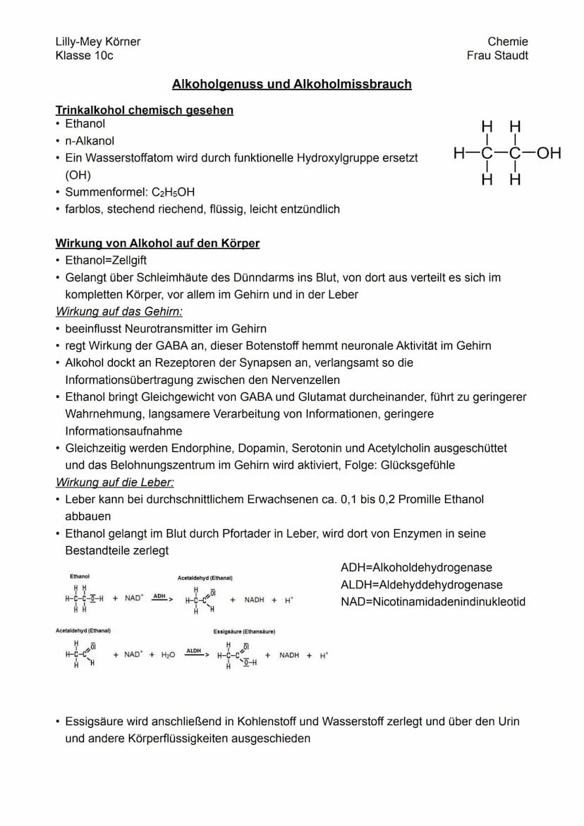 Lilly-Mey Körner
Klasse 10c
Trinkalkohol chemisch gesehen
• Ethanol
• n-Alkanol
•
●
Summenformel: C2H5OH
• farblos, stechend riechend, flüss