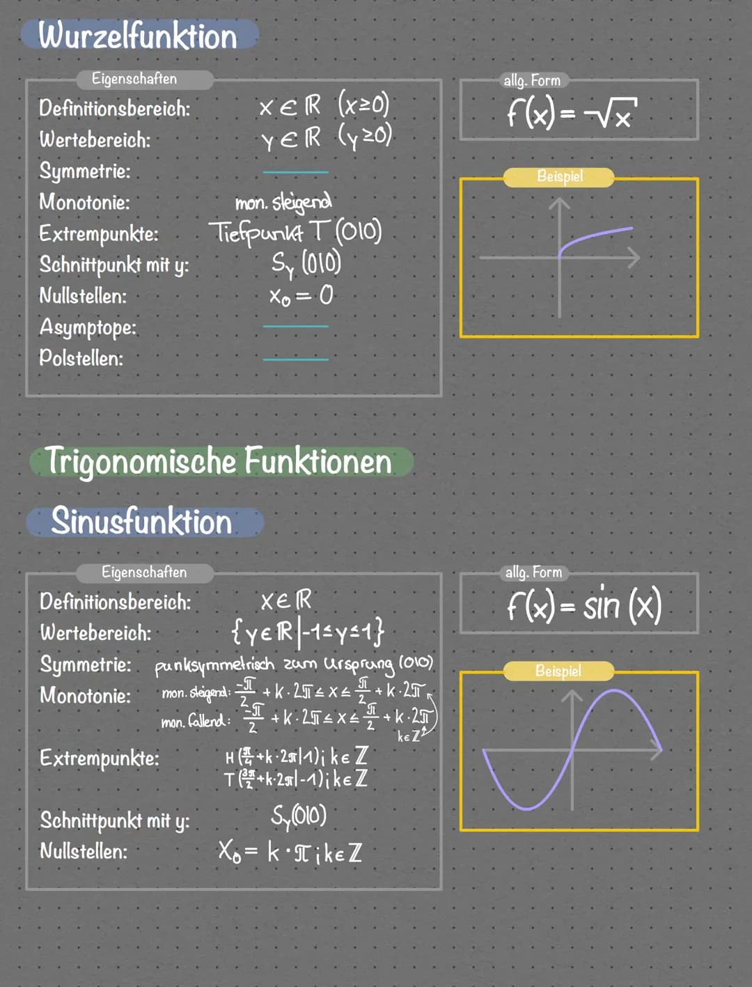 Lineare Funktionen
Übersicht Funktionsarten
Eigenschaften
Definitionsbereich:
Wertebereich:
Symmetrie:
Monotonie: steigend: m>o/fallend: m²0