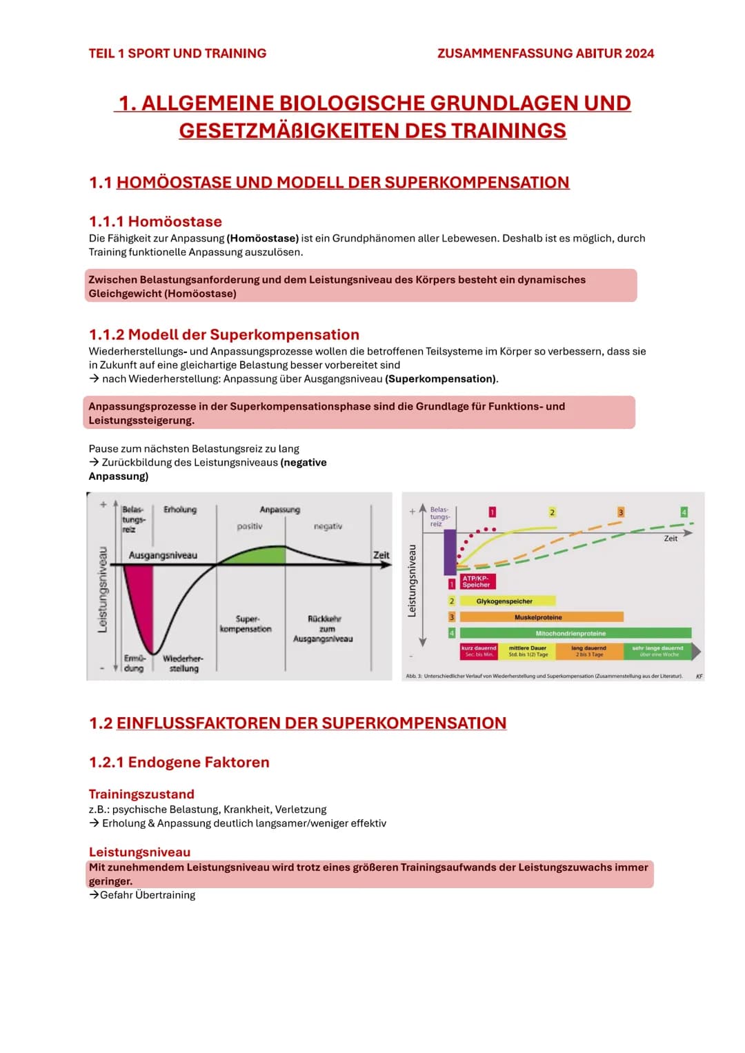 TEIL 1 SPORT UND TRAINING
ZUSAMMENFASSUNG ABITUR 2024
1. ALLGEMEINE BIOLOGISCHE GRUNDLAGEN UND
GESETZMÄBIGKEITEN DES TRAININGS
1.1 HOMÖOSTAS