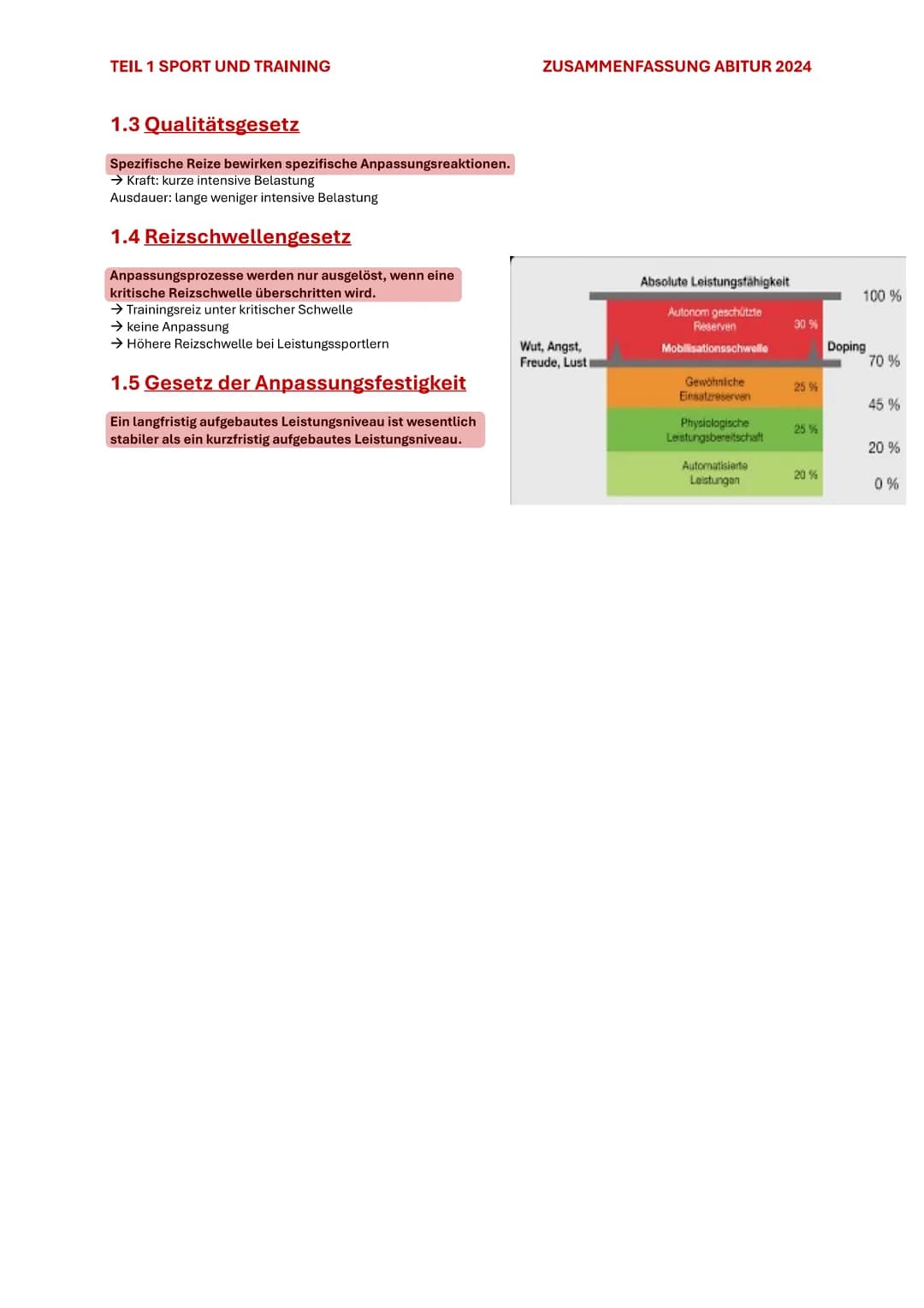 TEIL 1 SPORT UND TRAINING
ZUSAMMENFASSUNG ABITUR 2024
1. ALLGEMEINE BIOLOGISCHE GRUNDLAGEN UND
GESETZMÄBIGKEITEN DES TRAININGS
1.1 HOMÖOSTAS