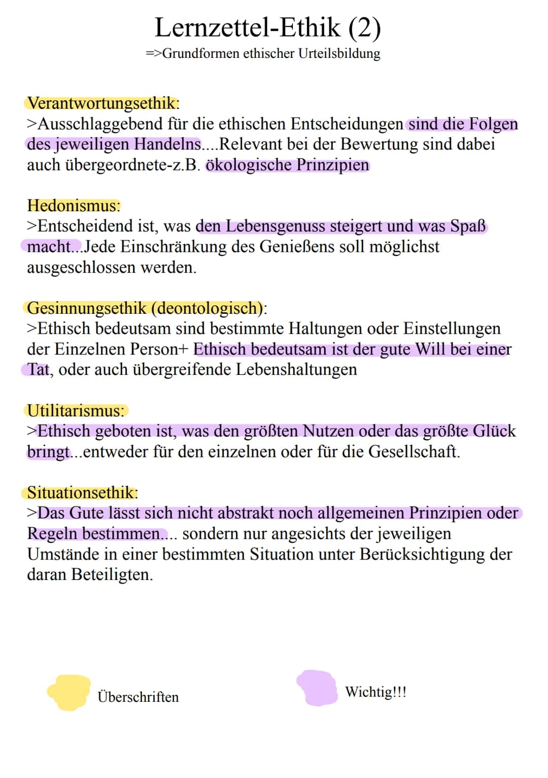 Lernzettel-Ethik (1)
=> Allgemeines
1.Warum Ethik?
>um richtig zu Handeln
>ethisch zu handeln macht das Leben lebenswerter
(wie du mir, so i