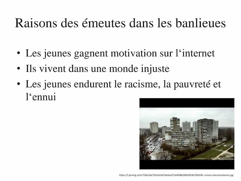 Les émeutes de 2005 dans les
banlieues françaises • ont commencé le 27.Octobre 2005 au Clichy-
sous-Bois
●
• La police est la raison d'une m