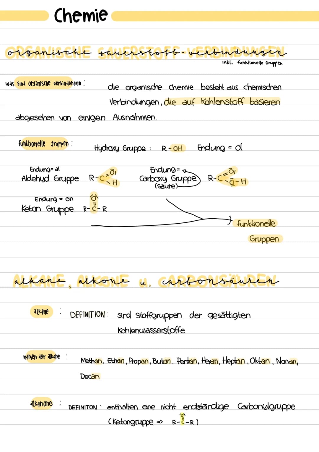 Chemie
organische sauerstofb-verbindungen
Was sind organische verbindungen:
abgesehen von einigen Ausnahmen.
funktionelle gruppen :
Endung= 