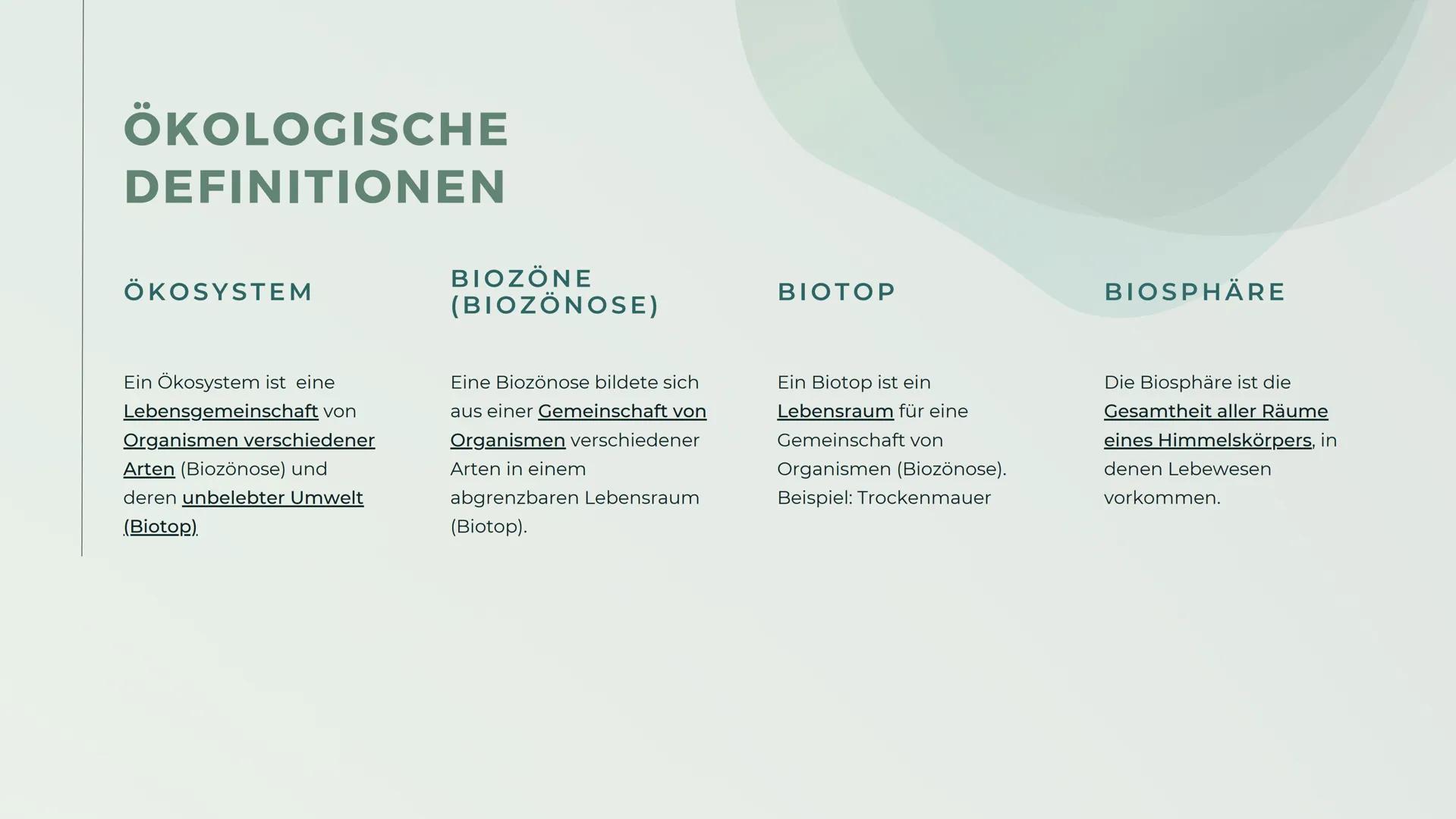 Ökosystem, Biozöne (Biotönose), Biotop, Biosphäre, Abiotische und Biotische Faktoren
DEFIITIONEN
VON
ÖKOLOGIE ÖKOLOGISCHE
DEFINITIONEN
ÖKOSY