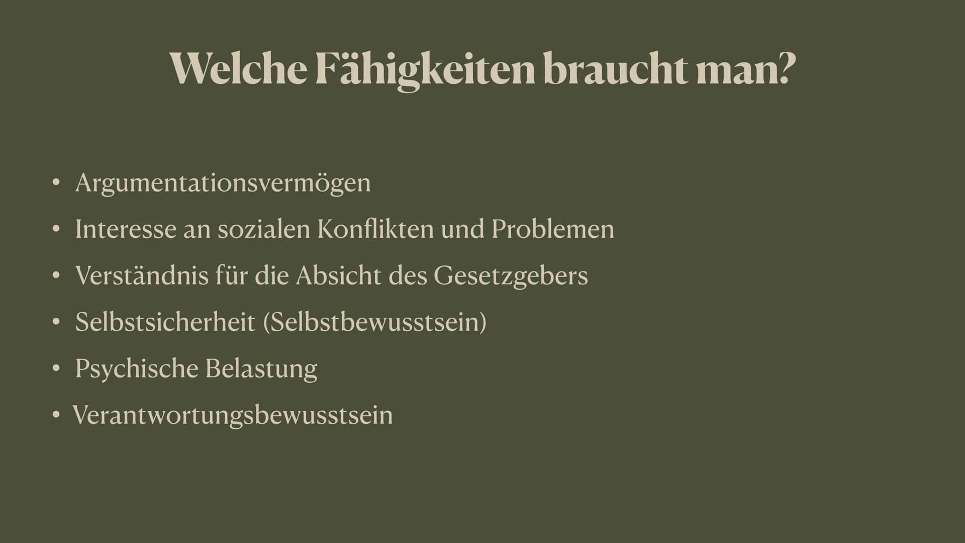 Rechtsanwalt/-wältin • Welche Fähigkeiten braucht man?
Aufgaben eines Anwalts
Voraussetzungen für das Studium
• Das Studium
●
Welche Art von