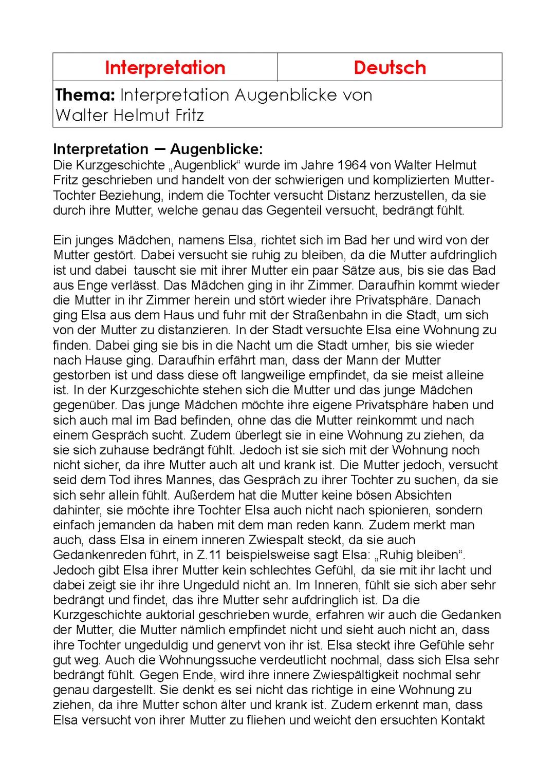 Augenblicke Kurzgeschichte Analyse PDF – Walter Helmut Fritz Inhalte und Charakterisierung