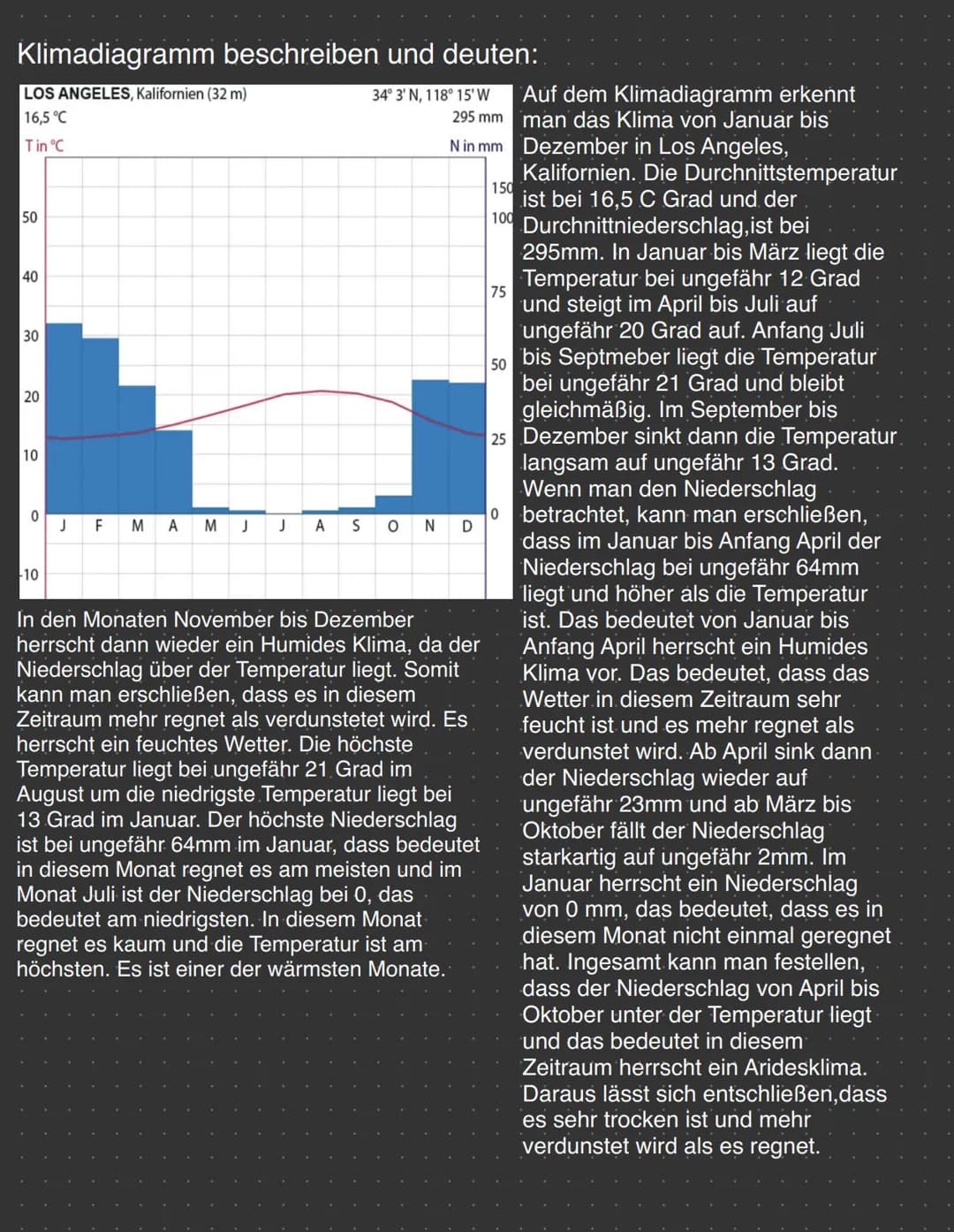 Klimadiagramm beschreiben und deuten:
LOS ANGELES, Kalifornien (32 m)
34° 3' N, 118° 15'W
295 mm
16,5 °C
Tin °C
50
40
30
20
10
0
-10
J
F
M A