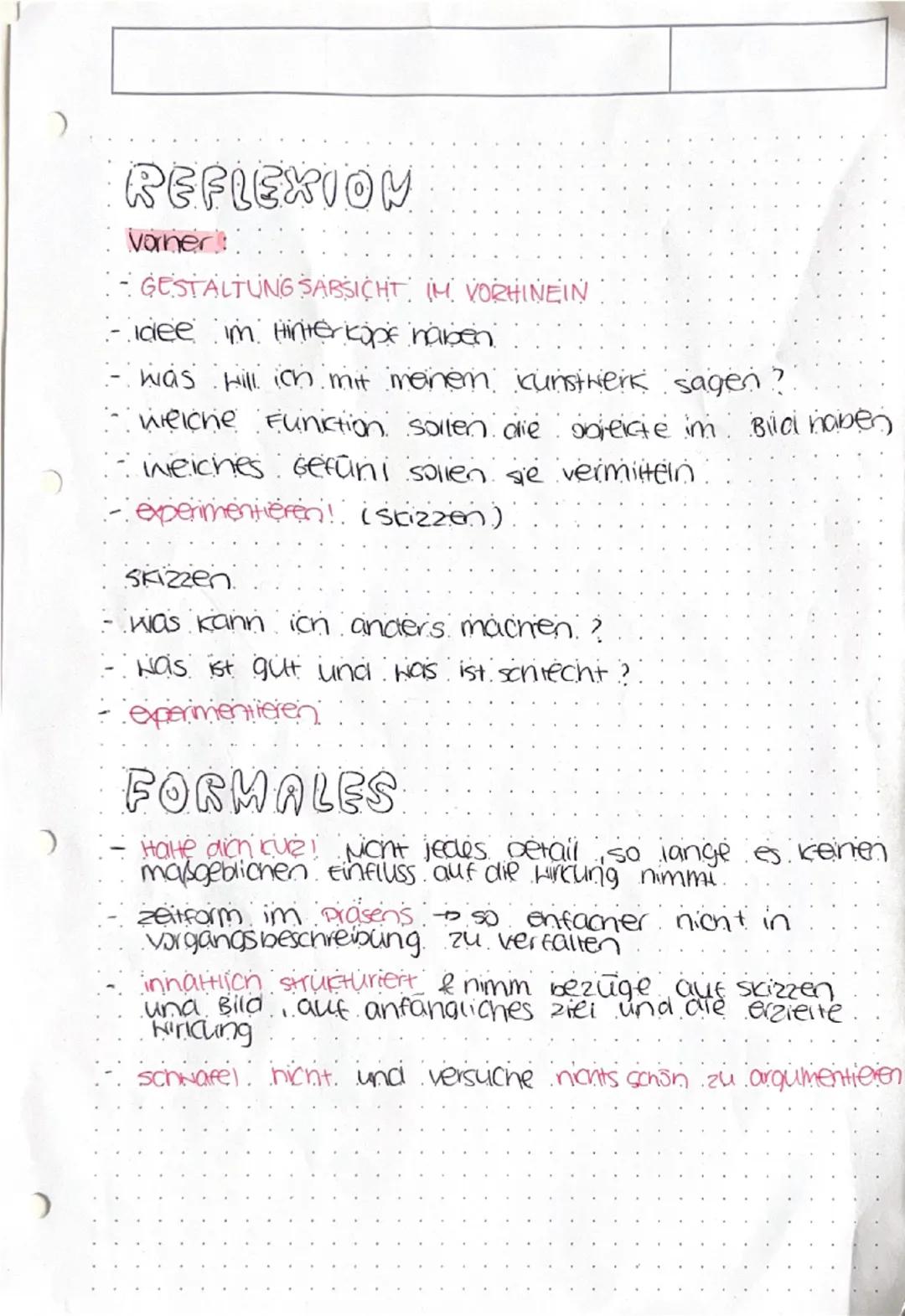 --- OCR Start ---
Kunst
REFLEXION SCHREIBEN
Einleitung
1. Aufgabe vorstellen
Dhas wor gefordert
Vorgaben?
2. Erste. Assoziationen
3. zielset