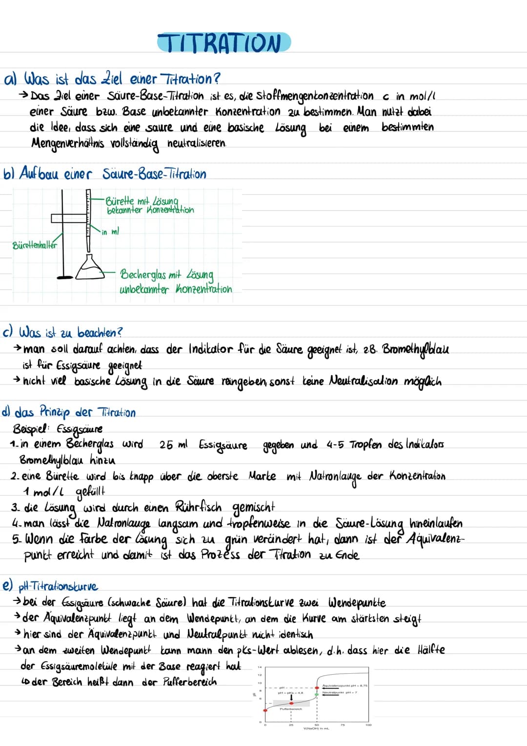 a) Was ist das Ziel einer Titration?
→ Das Ziel einer Säure-Base-Titration ist es, die stoffmengenkonzentration
c in mol/1
einer Säure bzw. 