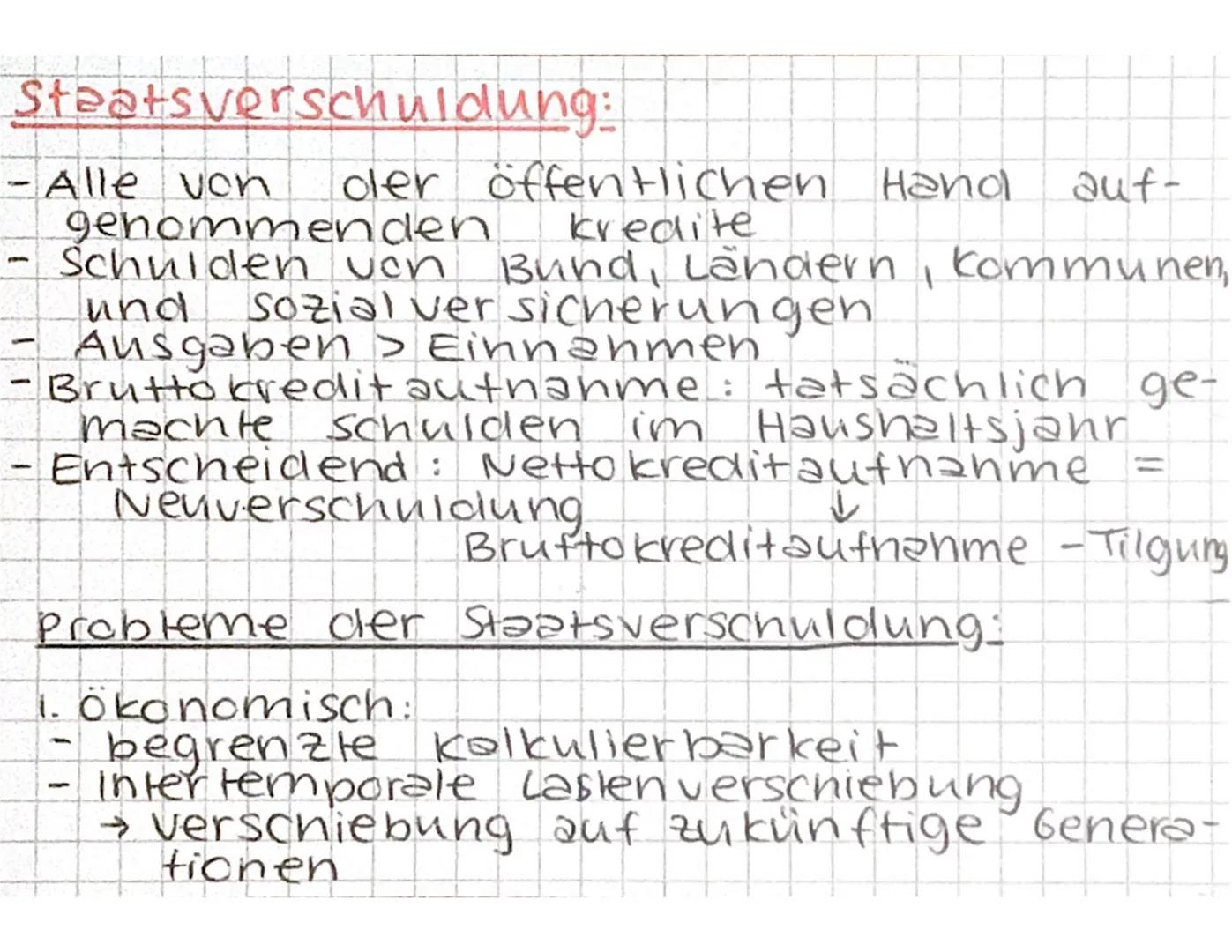 Staatsverschuldung:

- Alle von oder öffentlichen Hand auf-
genommenden kredite
- Schulden von Bund, Ländern, kommunen,
und sozial versicher