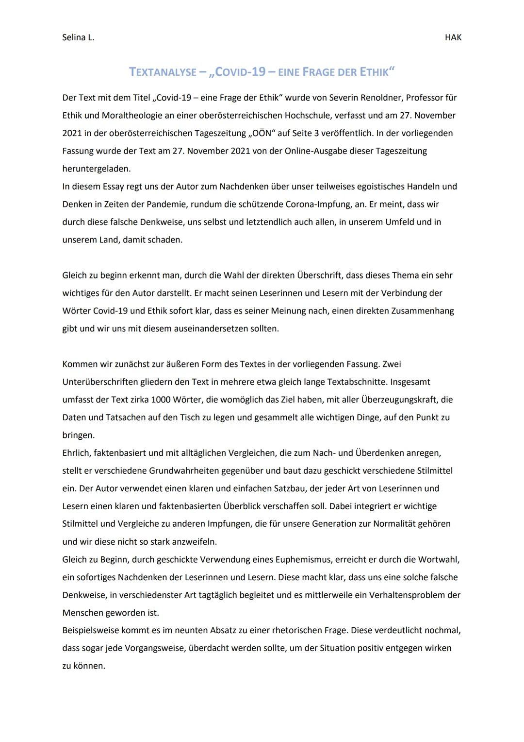 Selina L.
HAK
TEXTANALYSE -,,COVID-19-EINE FRAGE DER ETthik"
Der Text mit dem Titel ,,Covid-19 - eine Frage der Ethik" wurde von Severin Ren