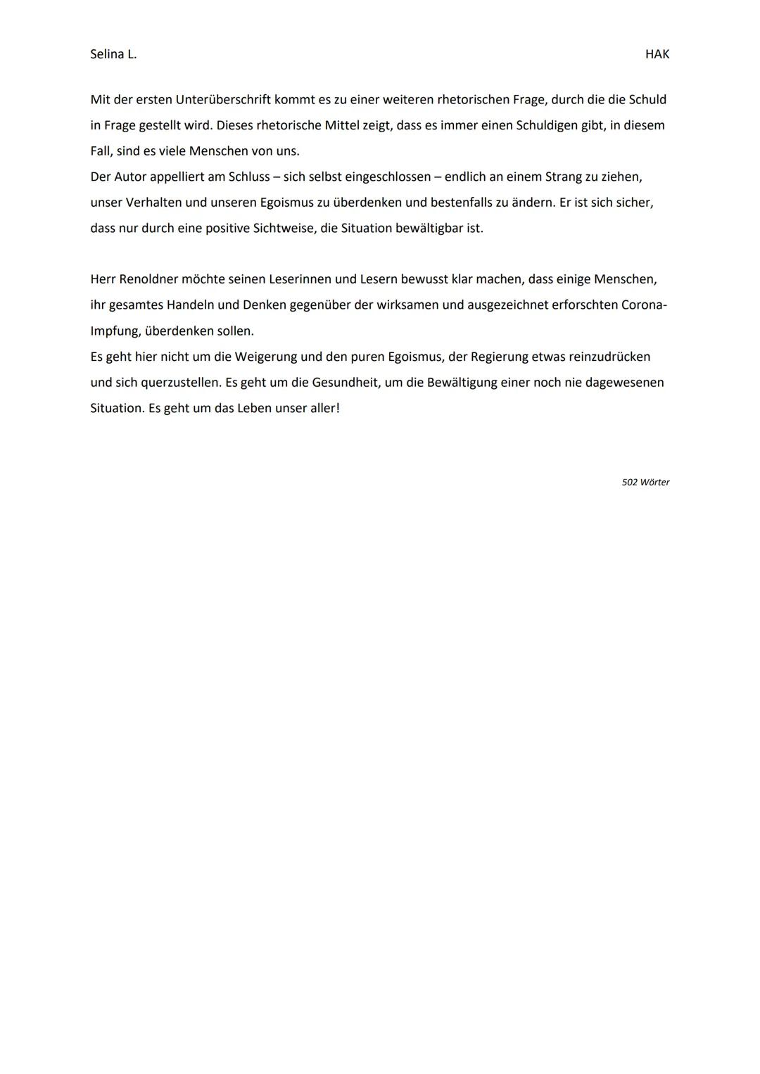 Selina L.
HAK
TEXTANALYSE -,,COVID-19-EINE FRAGE DER ETthik"
Der Text mit dem Titel ,,Covid-19 - eine Frage der Ethik" wurde von Severin Ren