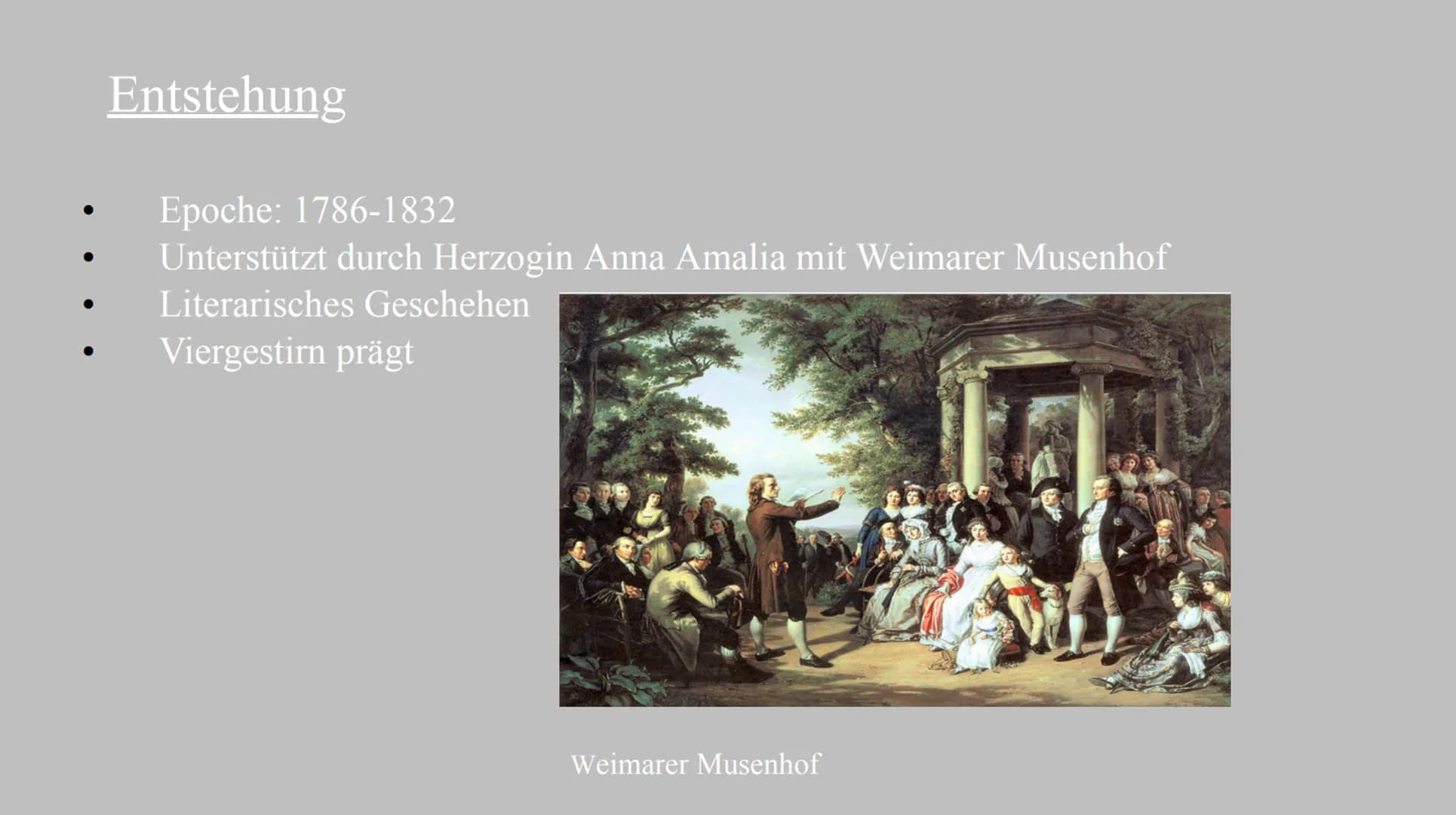Die Weimarer Klassik Aufbau
Entstehung
Zeitgeschichtliche Einordnung
Menschenbild
Epochenmerkmale
Stilistische Merkmale
Bekannte Werke
Eine 