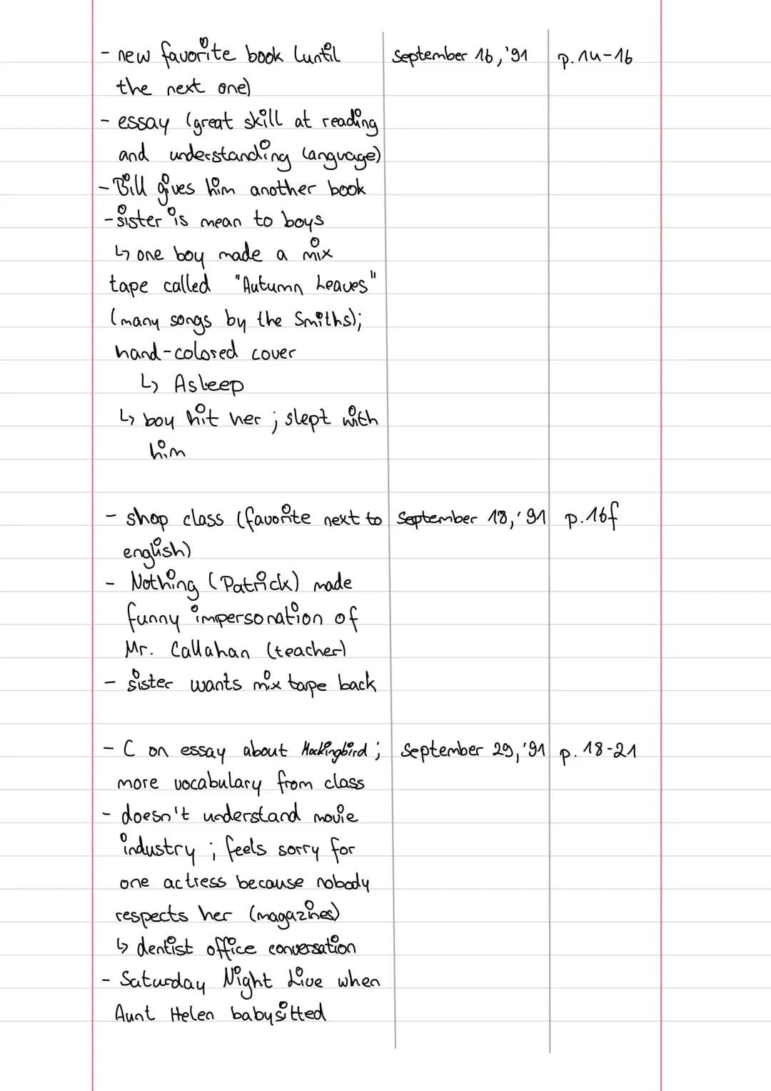 The Perks of being
a
~ Stephen Chbosky
=0
Lo
August
1991
Gugust 1992
Reading log Part 1
Songs, books and TV shows
songs
-Autumn Leaves
~ The
