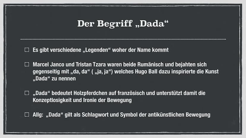 dada
dada an!
Komm
Glada
DADAISMUS
Die
ant
dada
letsche
Bewegung dada
dada an!
Komm
Glada
DADAISMUS
Die
ant
dada
letsche
Bewegung Entstehung