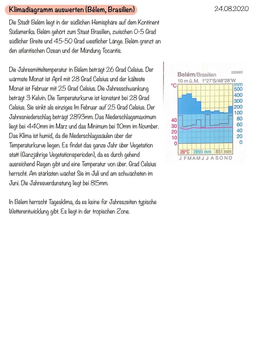 Klimadiagramm auswerten (Bélem, Brasilien)
Die Stadt Belém liegt in der südlichen Hemisphäre auf dem Kontinent
Südamerika. Belém gehört zum 