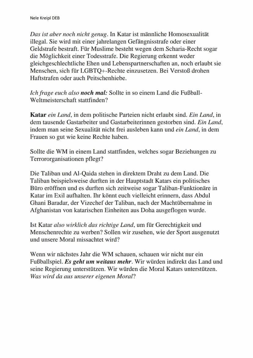 Nele Kreipl DEB
Rede - Die Fußball-Weltmeisterschaft 2022 in Katar – Warum ist sie
so problematisch?
Liebe Mitschülerinnen und Mitschüler, s