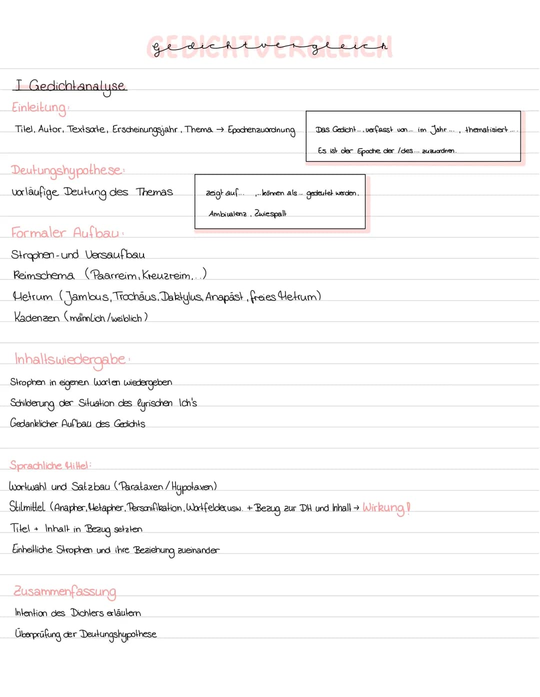 gedichevengleks
I Gedichtanalyse
Einleitung
Titel, Autor, Textsate, Erscheinungsjahr. Thema → Epochenzuordnung
Deutungshypothese:
vorläufige