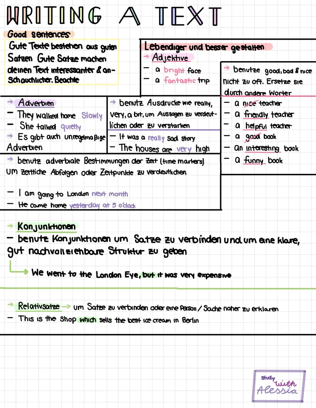 WRITING A TEXT
Good sentences
Gute Texte bestehen aus guten
Satzen Gute Satze machen
deinen Text interessanter & an-
Schauchlicher. Beachte
