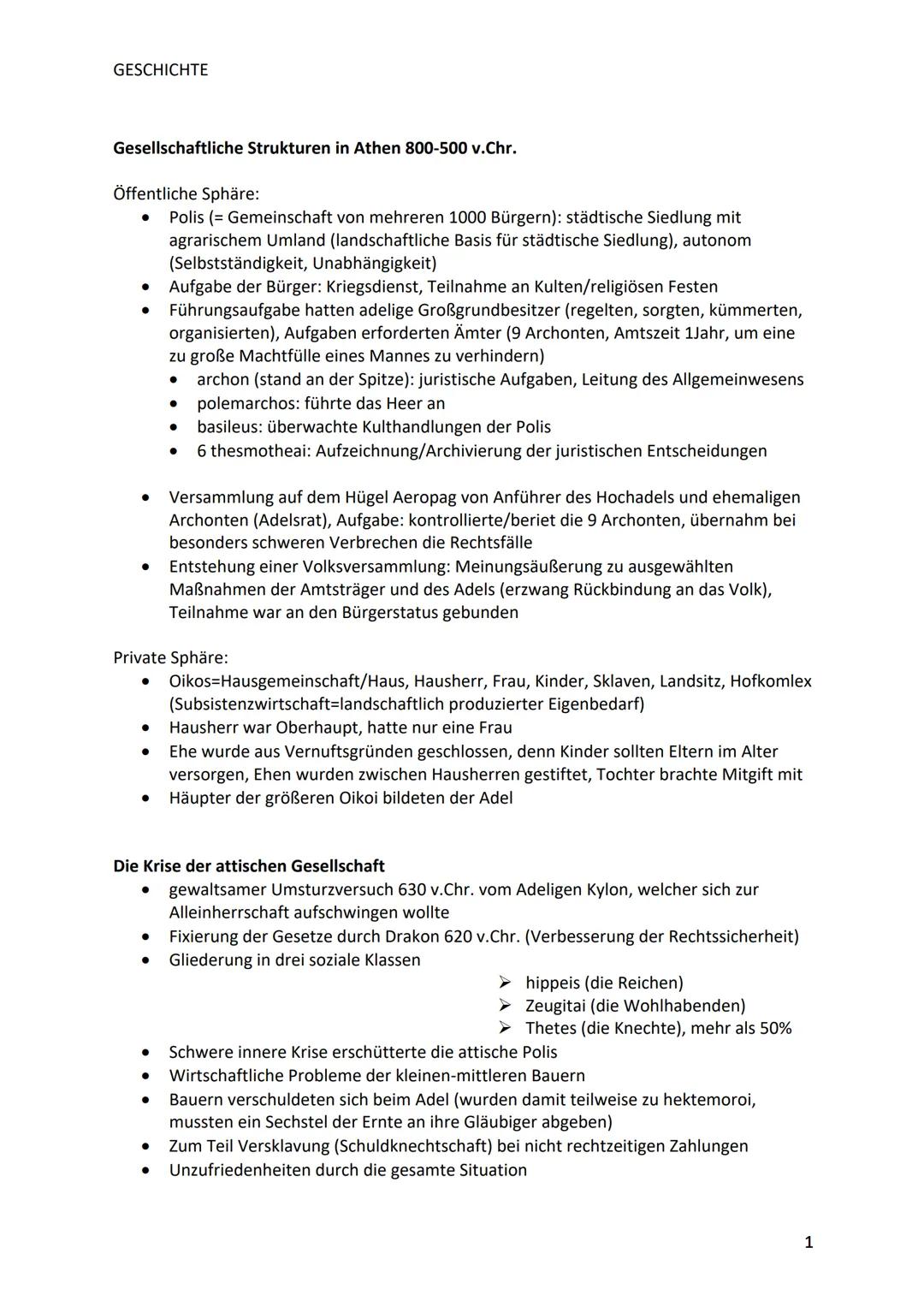 GESCHICHTE
Gesellschaftliche Strukturen in Athen 800-500 v.Chr.
Öffentliche Sphäre:
Polis (= Gemeinschaft von mehreren 1000 Bürgern): städti