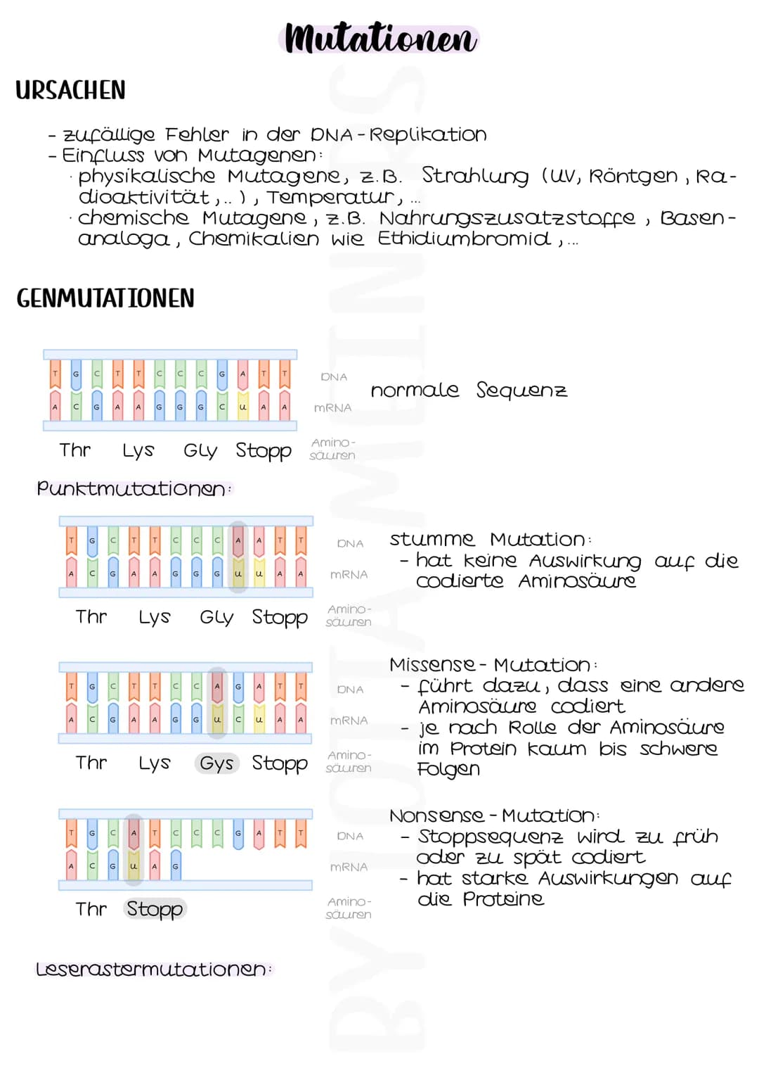 URSACHEN
- zufällige Fehler in der DNA-Replikation
- Einfluss von Mutagenen:
GENMUTATIONEN
BA
· physikalische Mutagene, z. B. Strahlung (UV,
