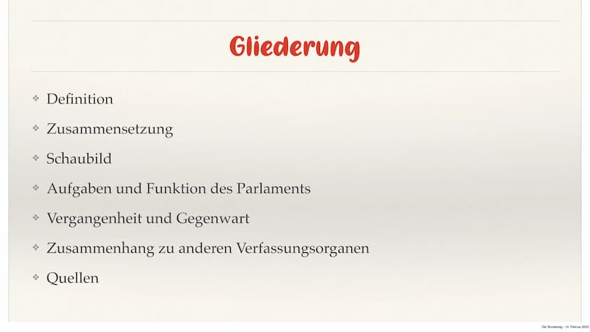 10040
Der Bundestag
von Nehir
Der Bundestag 10. Februar 2023 Gliederung
→ Definition
→ Zusammensetzung
→ Schaubild
* Aufgaben und Funktion d