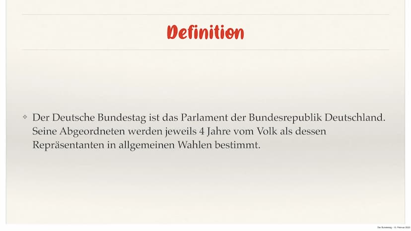 10040
Der Bundestag
von Nehir
Der Bundestag 10. Februar 2023 Gliederung
→ Definition
→ Zusammensetzung
→ Schaubild
* Aufgaben und Funktion d