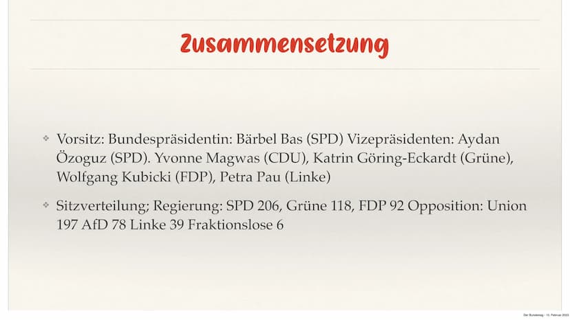 10040
Der Bundestag
von Nehir
Der Bundestag 10. Februar 2023 Gliederung
→ Definition
→ Zusammensetzung
→ Schaubild
* Aufgaben und Funktion d