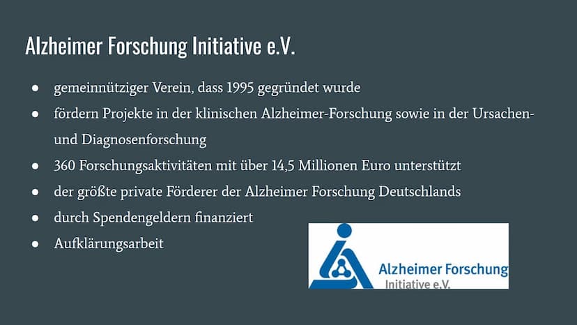 Alzheimer
Präsentation von Dennisa Dobrila
Grundkurs Biologie Gliederung
1. Alzheimer Forschung Initiative e.V.
2. Was ist Alzheimer?
3.
Ges