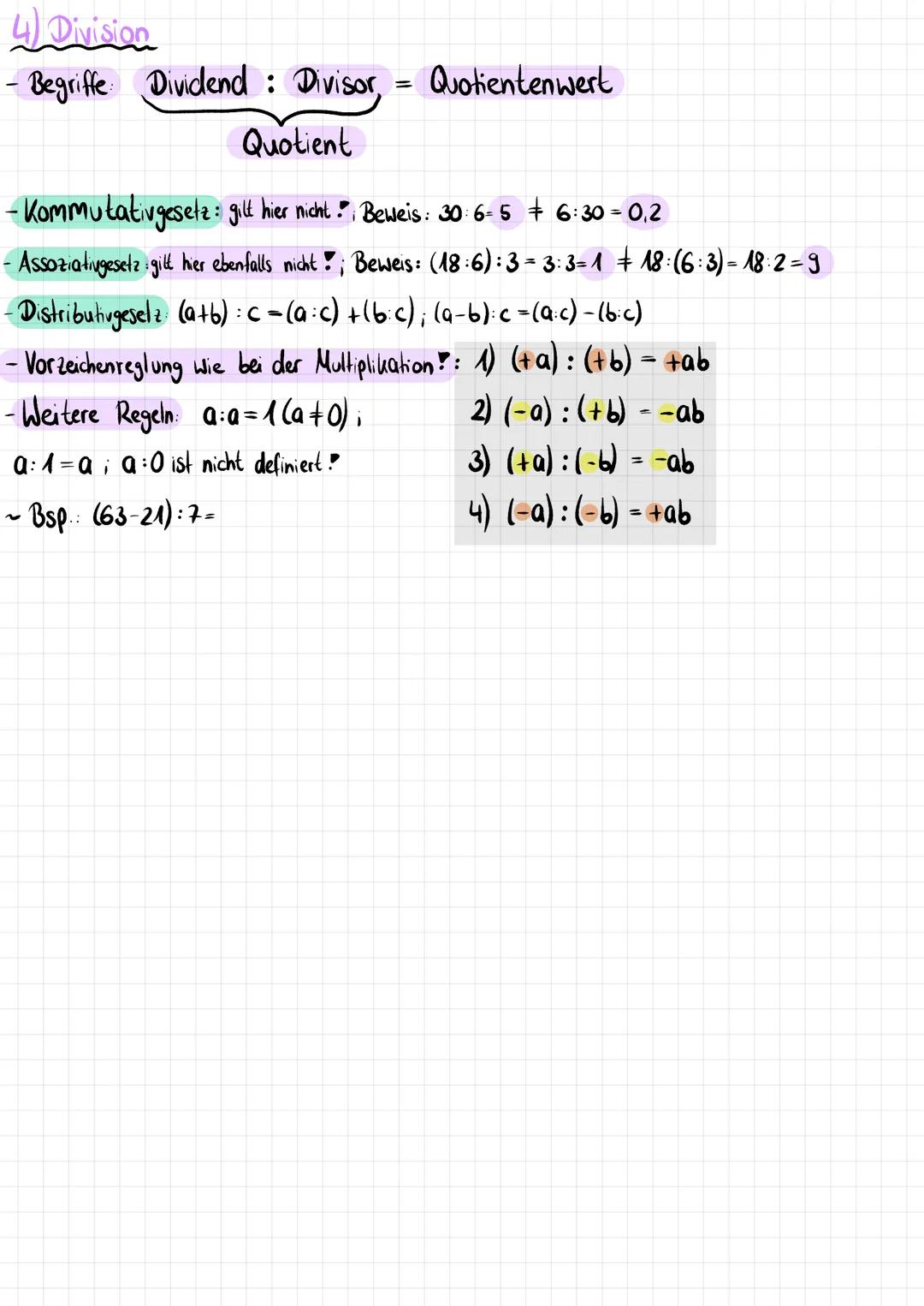 Zusammenfassung: Basiswissen
1) Multiplikation
- Begriffe: 1. Faktor • 2. Faktor - Produktwert
Produkt
- Vorzeichenregeln
1) (+a). (+b) = ta