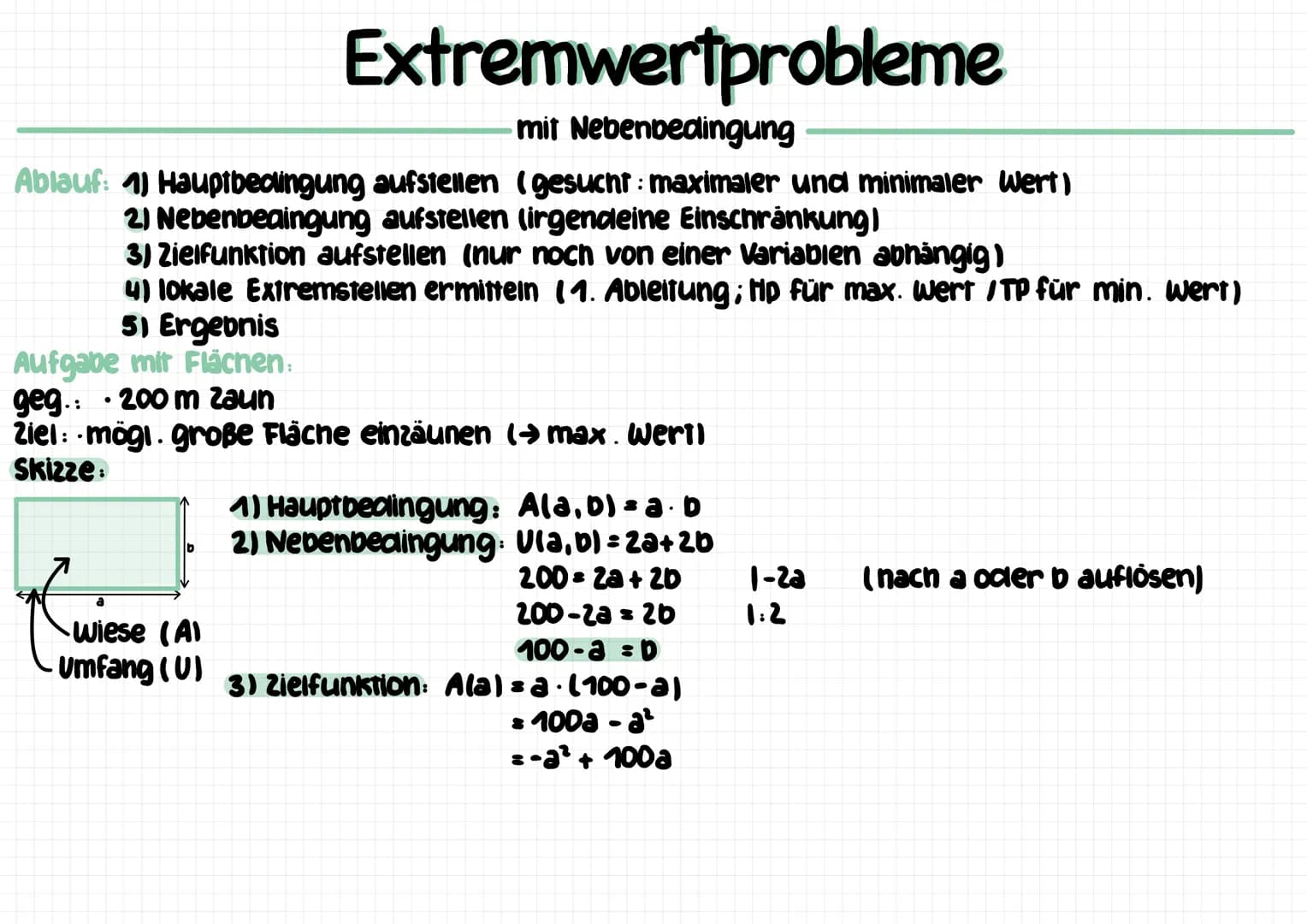 Ablauf: 1) Hauptbedingung aufstellen (gesucht: maximaler und minimaler Wert)
2) Nebenbeaingung aufstellen (irgendeine Einschränkung)
Extremw