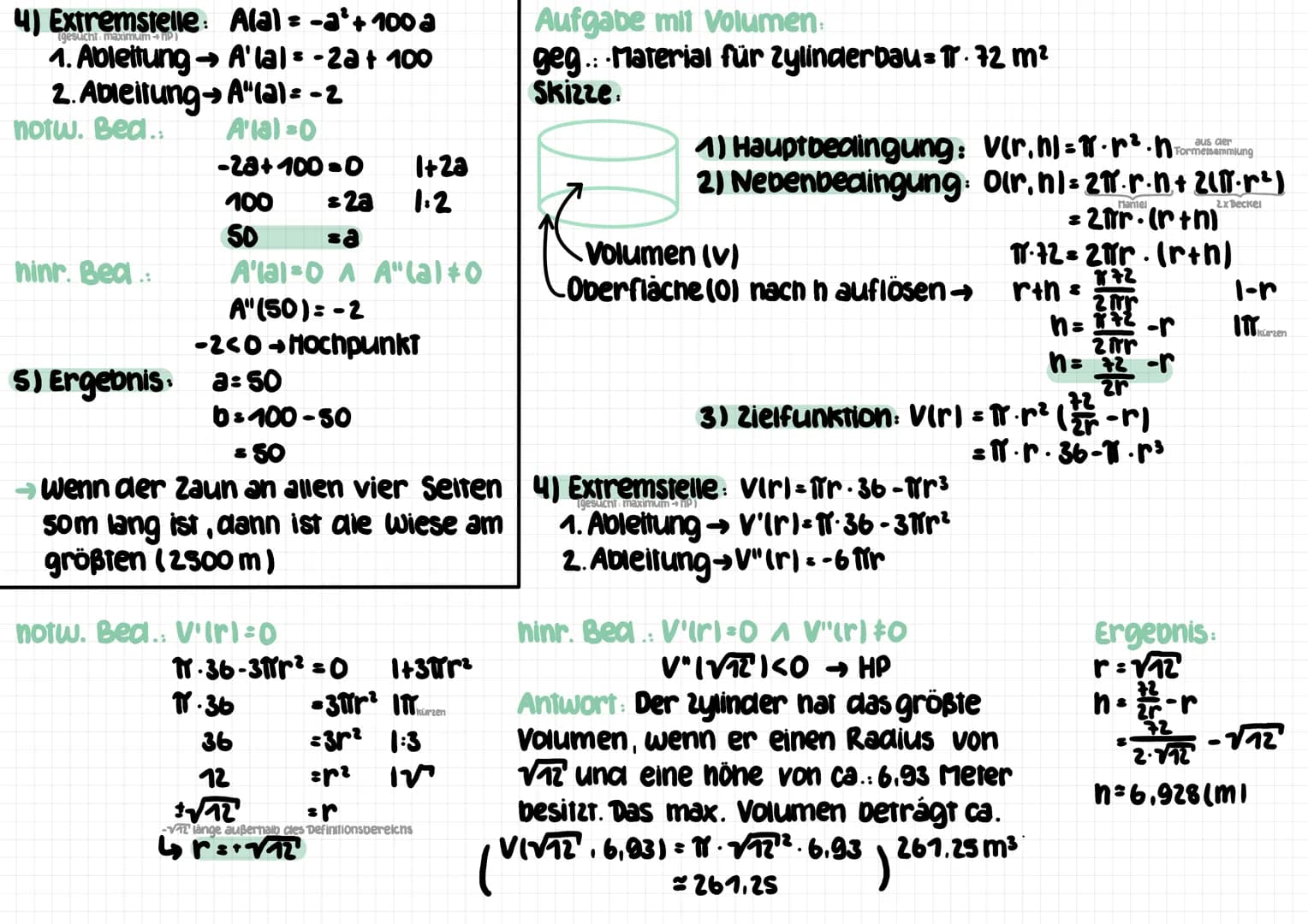 Ablauf: 1) Hauptbedingung aufstellen (gesucht: maximaler und minimaler Wert)
2) Nebenbeaingung aufstellen (irgendeine Einschränkung)
Extremw