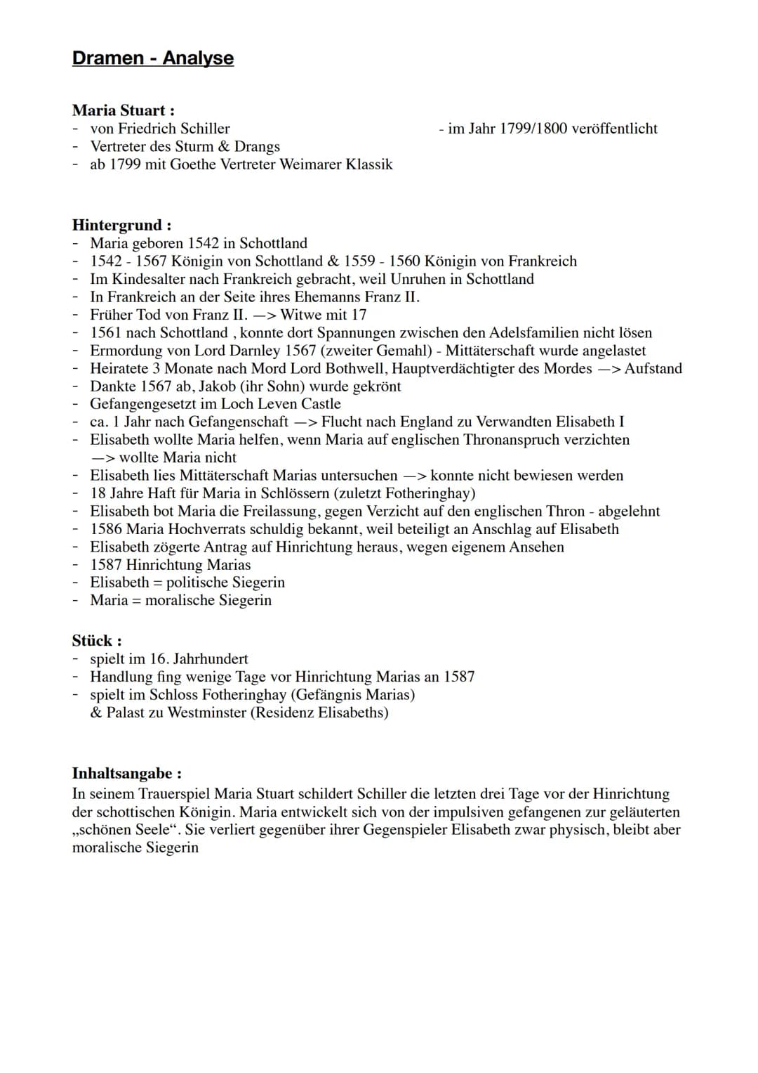 Dramen - Analyse
Maria Stuart:
-
von Friedrich Schiller
-
Vertreter des Sturm & Drangs
- ab 1799 mit Goethe Vertreter Weimarer Klassik
- im 